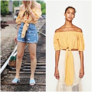 NWT ZARA Yellow Gingham Bow Off the Shoulder Crop Top